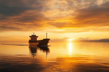 Fototapeta premium Tranquil Sunset View of Cargo Ship Leaving Port with Silhouette Against Golden Light Reflecting on Calm Waters