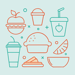 Minimalist Food Icons in Orange and Teal on a Light Blue Background Including Burger Drink Pie Watermelon and Bowl for Design Projects