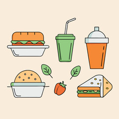 Colorful Flat Design Fast Food Illustration with Sandwich Salad Drink and Strawberry on a Light Background for Menu or Food Related Designs