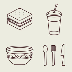 Minimalist Line Art Illustration of a Sandwich Drink Salad Bowl Spoon Fork and Knife on a Plain Background for Culinary and Food Related Designs
