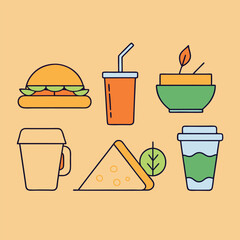 Assorted Fast Food and Drink Items in a Flat Line Art Style on a Light Orange Background for Illustration and Design Projects