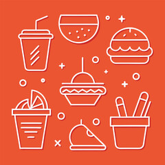 Minimalist Fast Food Icon Set with Drink Burger Dessert and Utensil Illustrations on a Vibrant Orange Background for Menu Design and Creative Projects