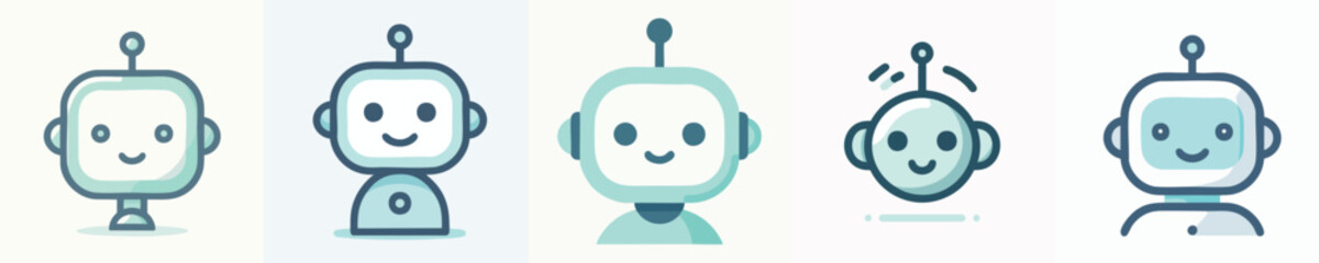 Cute Robot Character Icon Set – Flat Minimalist Robots Collection for App, UI, Game, Technology, and Web Design
