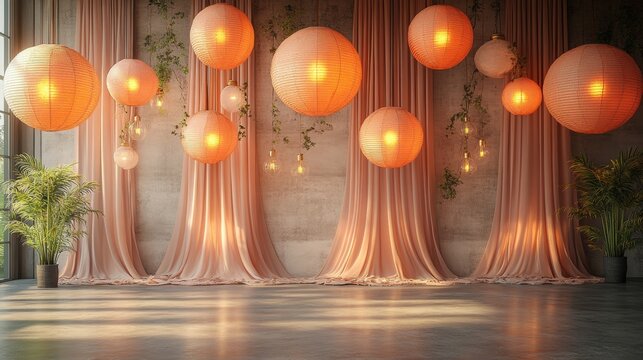 Elegant room with golden lanterns and draped curtains, creating a warm and inviting atmosphere.