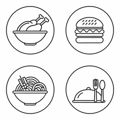 Food Icon Set Featuring Chicken Burger Noodles and Covered Dish with Utensils in a Clean Line Art Style on White Background