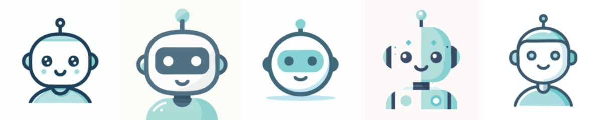 Cute Robot Mascot Icon Set – Flat Minimalist Cartoon Robots Collection for App, Game, Technology, and UI Design