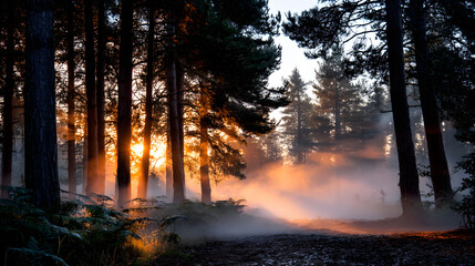 Fototapeta premium A vintage misty forest scene at dawn, with soft fog curling around tall pine trees and the first light of day illuminating the mist in a warm glow.