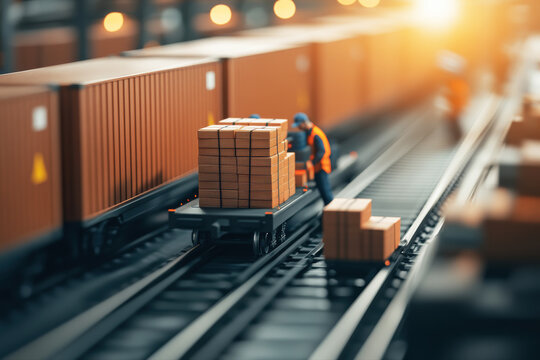 Freight train with stacked containers and packages on a sunny day. A worker organizes goods, showcasing efficient logistics and industrial transportation. Ideal for global trade concepts.
