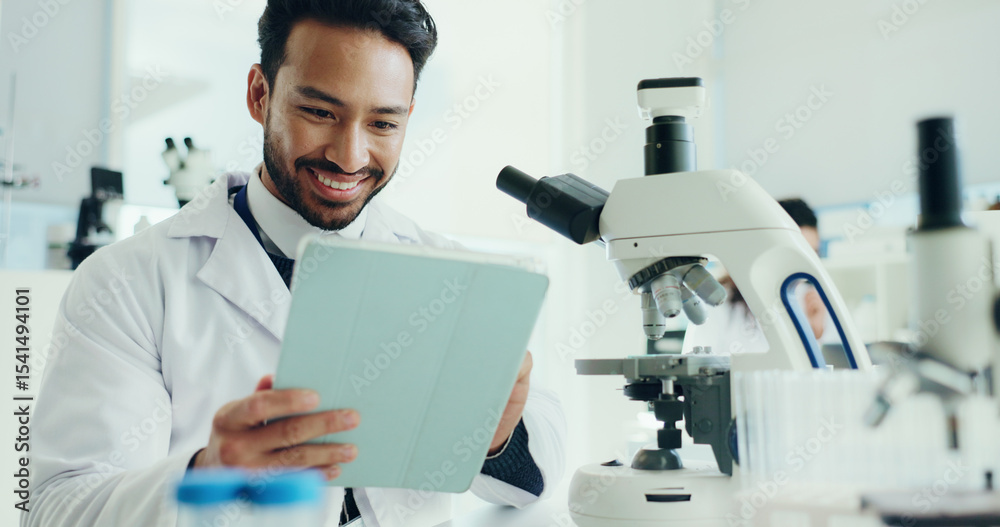 Poster scientist, research and man in lab, tablet and online reading with app for experiment results. perso