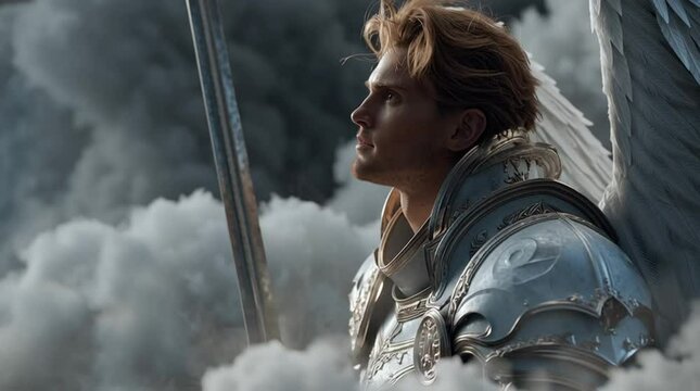 Epic fantasy scene of a noble angelic warrior with white wings and shining armor, standing strong amidst swirling smoke and light