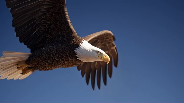 Majestic flying bald eagle captured mid-flight against a deep blue sky, symbolizing freedom, power, and national pride in nature