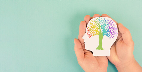 Mind with colorful tree, mental health, positive attitude and inspiration, creative thinking brain,...