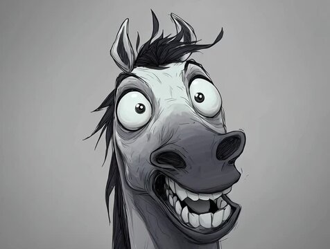 A cartoon horse with exaggerated eyes and teeth, perfect for comedy, memes, or animated content themes