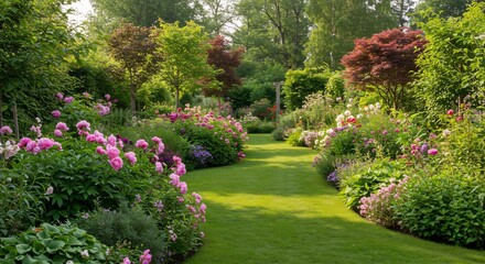 Serene garden path gently curves through vibrant blooming flowers bathed in soft morning sunlight. AI Generated