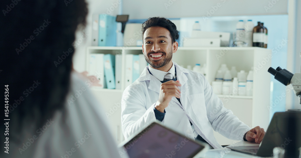 Aufkleber man, scientist and smile in lab with colleague for microbiology study, report or discovery discussio