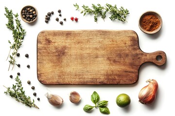 Rustic Wooden Cutting Board with Fresh Herbs Spices Garlic and Lime for Cooking Recipes