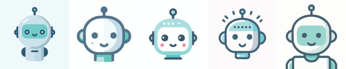 Cute Robot Icon Set – Flat Minimalist Cartoon Robots Pack for App, UI, Game, Web, and Sticker Design
