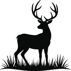 Deer silhouette stands in grass isolated on white background
