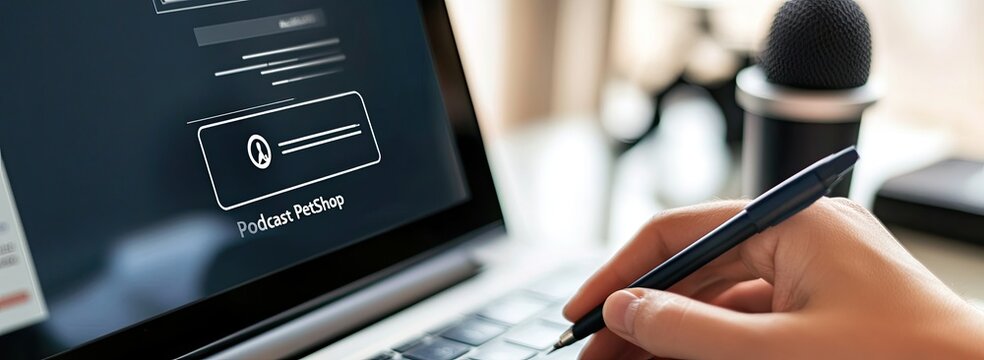 A hand hovers over a laptop screen, focused on a podcast signup