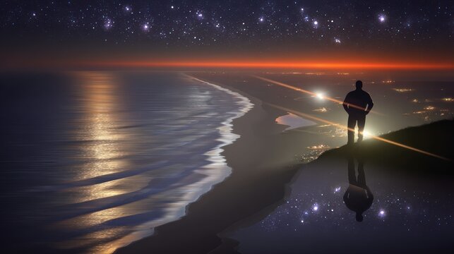 Silhouette figure on coastal ridge at night