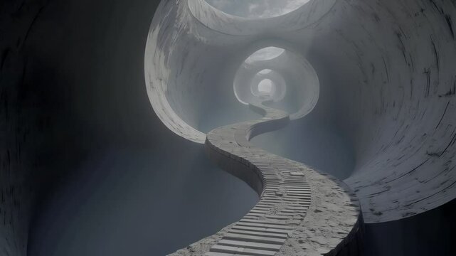 A winding, textured pathway spirals toward a bright, distant light within a colossal, cylindrical structure. Eerie and atmospheric