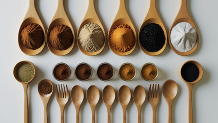 Wooden spoons and cutlery set on white background for kitchen or dining use