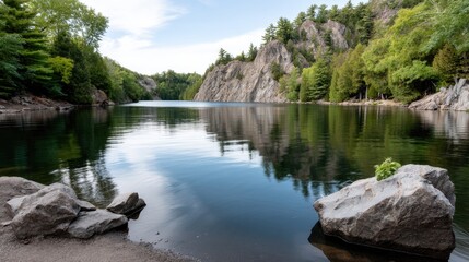 Fototapeta premium Rugged cliffs reflect in calm waters at dawn, surrounded by trees, creating a peaceful natural oasis under a pastel sky