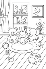 Line art illustration for a children's coloring book of a cute playroom full of stuffed animals