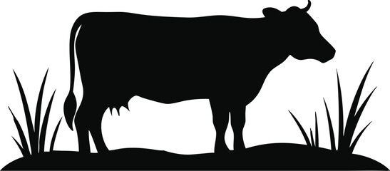 Silhouette of a cow standing in a grassy field isolated on white
