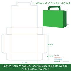 Tuck end box costum lock inserts dieline template, with 3D