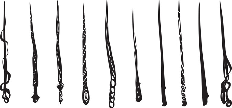 Magic wand line drawing witch theme halloween clipart party invitation gothic style illustration packaging design print Wizard wooden wand accessory sorcerers Bengal fire new year ink graphic icon
