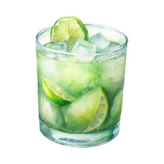 Refreshing lime caipirinha cocktail watercolor illustration isolated on transparent background