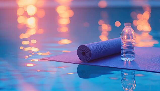 Yoga mat, water bottle, poolside at dusk