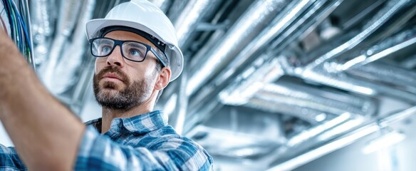 The skilled technician working on electrical wiring in a modern office space.