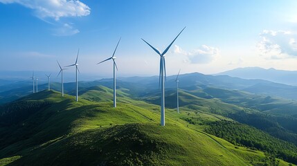 Photo realistic wind turbines stand tall on green hills under clear skies, representing sustainable energy and eco-friendly power generation.