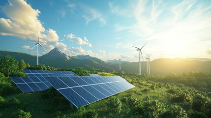 A photo realistic depiction of a solar farm and wind turbines in a lush landscape, showcasing the future of sustainable clean energy.