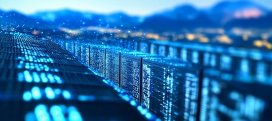 City at Night Depicting Large Dataset Infrastructure with Blurred Server Racks and Data Concept