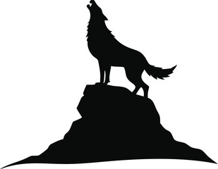 Silhouette of a wolf howling on a rock isolated on white background