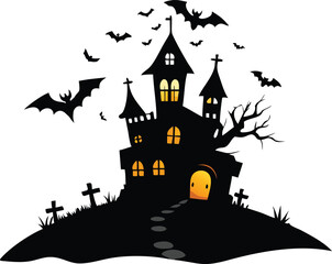 Haunted house with bats isolated on white background