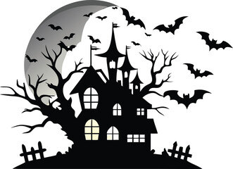 Haunted house silhouette with bats flying in front of the moon