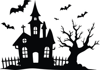 Silhouette of a haunted house with bats and a dead tree on halloween
