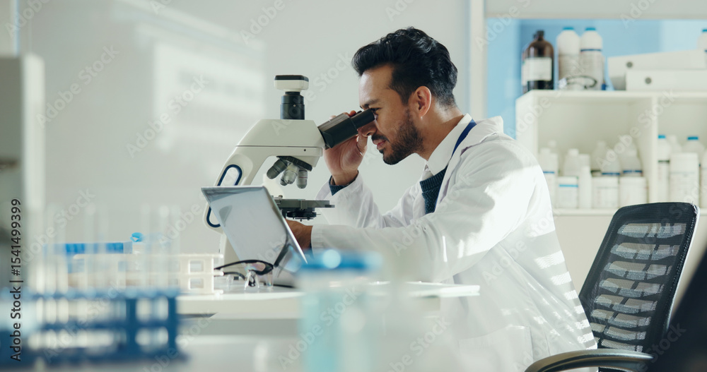 Poster Scientist, analysis and man with microscope in lab for sample testing, clinical study and innovation. Science, employee and medical equipment for vaccine development, cancer research and drug trial