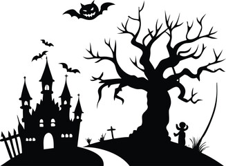 Halloween scene with haunted castle tree bats and spooky silhouette