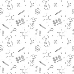 Seamless school pattern with with chemical laboratory test tubes, formulas, molecules. Back to school concept. Hand drawn chemical elements, equipment and devices. Vector monochrome illustration