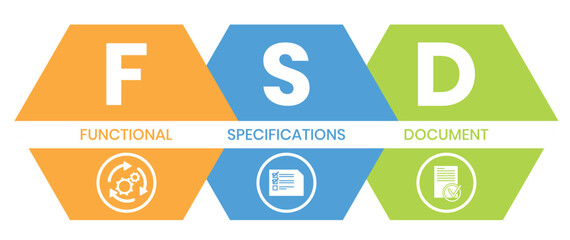 FSD - Functional Specifications Document acronym. business concept background. vector illustration concept with keywords and icons. lettering illustration with icons for web banner, flyer