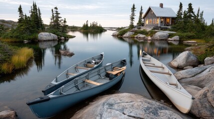 Obraz premium Canoes rest gently on the lake while a cozy cabin glows warmly at night, surrounded by pine trees and calm waters