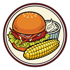 Cartoon Illustration of a Burger Corn on the Cob and Sauce in a Circular Frame for Food Related Designs and Illustrations