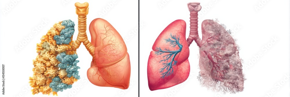 Poster comparison of healthy and damaged lungs illustrating anatomical differences and impacts on respirato