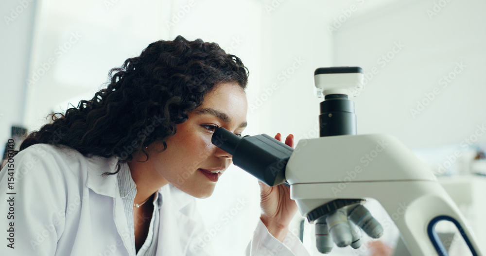 Poster scientist, study and woman with microscope in lab for clinical trial, sample testing or experiment. 