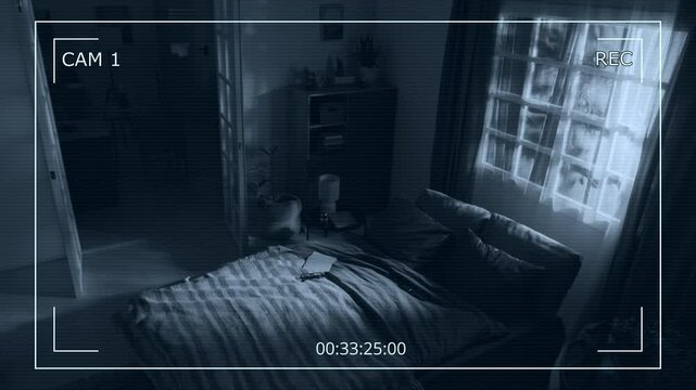 Wide angle shot of bedroom illuminated by lightning flashes then flickering light of lamps at late night while furniture start moving on its own, poltergeist concept